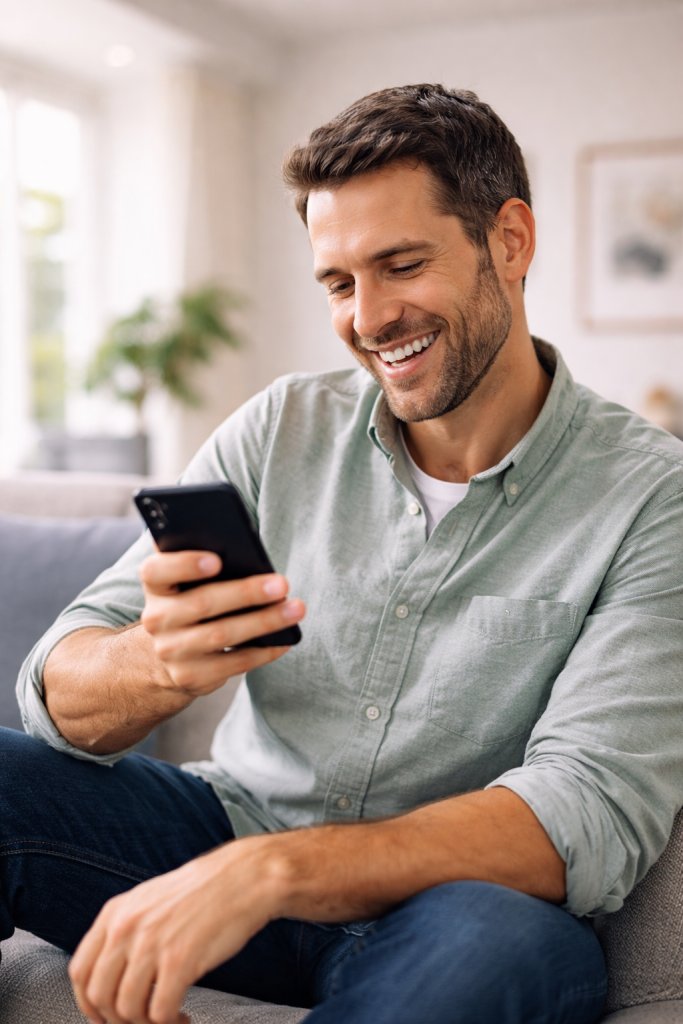 Satisfied customer smiling while checking savings from cheaper car insurance on phone
